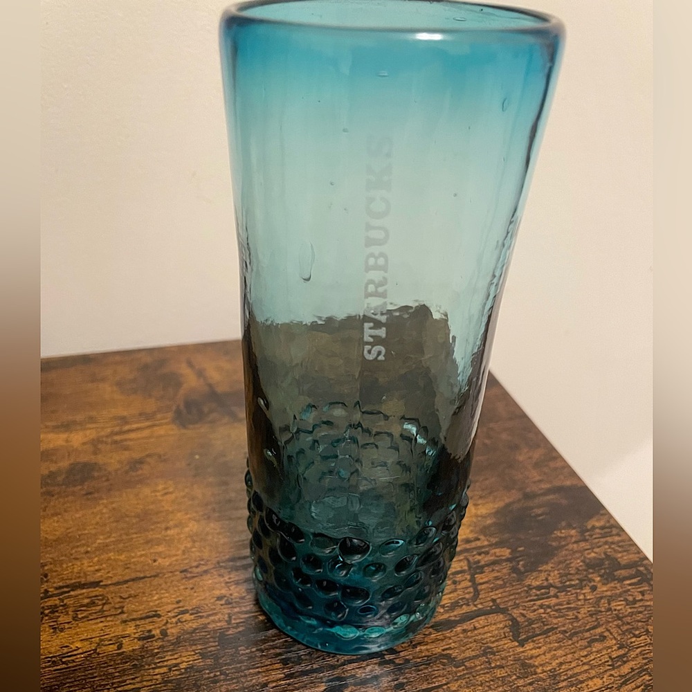 STARBUCKS Hand Blown Blue Hobnail Style Glass